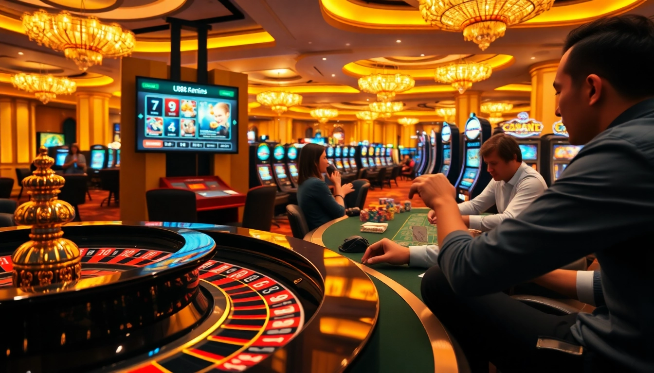 Exciting U88 casino scene with players at roulette, poker tables, and slot machines.
