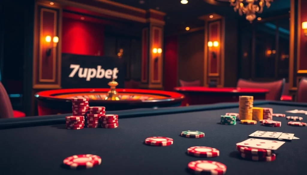 Engage with 7upbet's thrilling casino experience with poker chips, cards, and roulette.