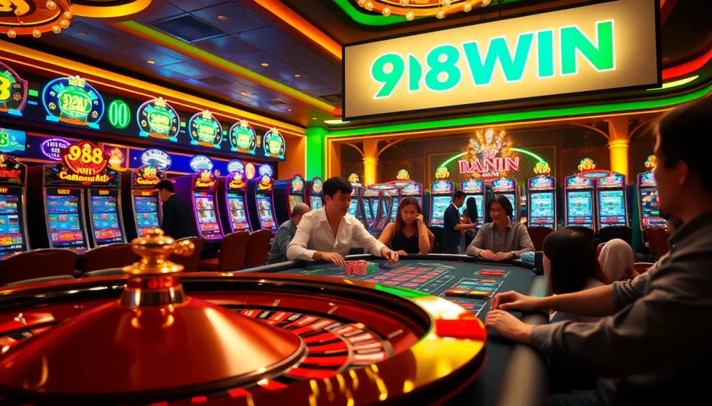 Engaging casino scene with players betting at tables, highlighting the 98WIN brand.