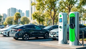 Discover EV charging solutions at a modern charging station with electric vehicles, highlighting accessibility and eco-friendliness.