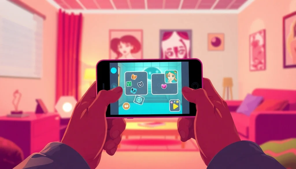 Mobile porn game interface displayed on a smartphone in a cozy gaming space.