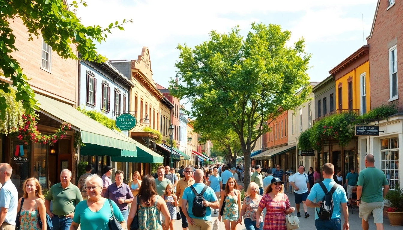 Clarksburg street scene bustling with pedestrians and local shops, showcasing vibrant community life.