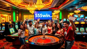 Players enjoying vibrant games at 555win com casino with poker chips and roulette table.