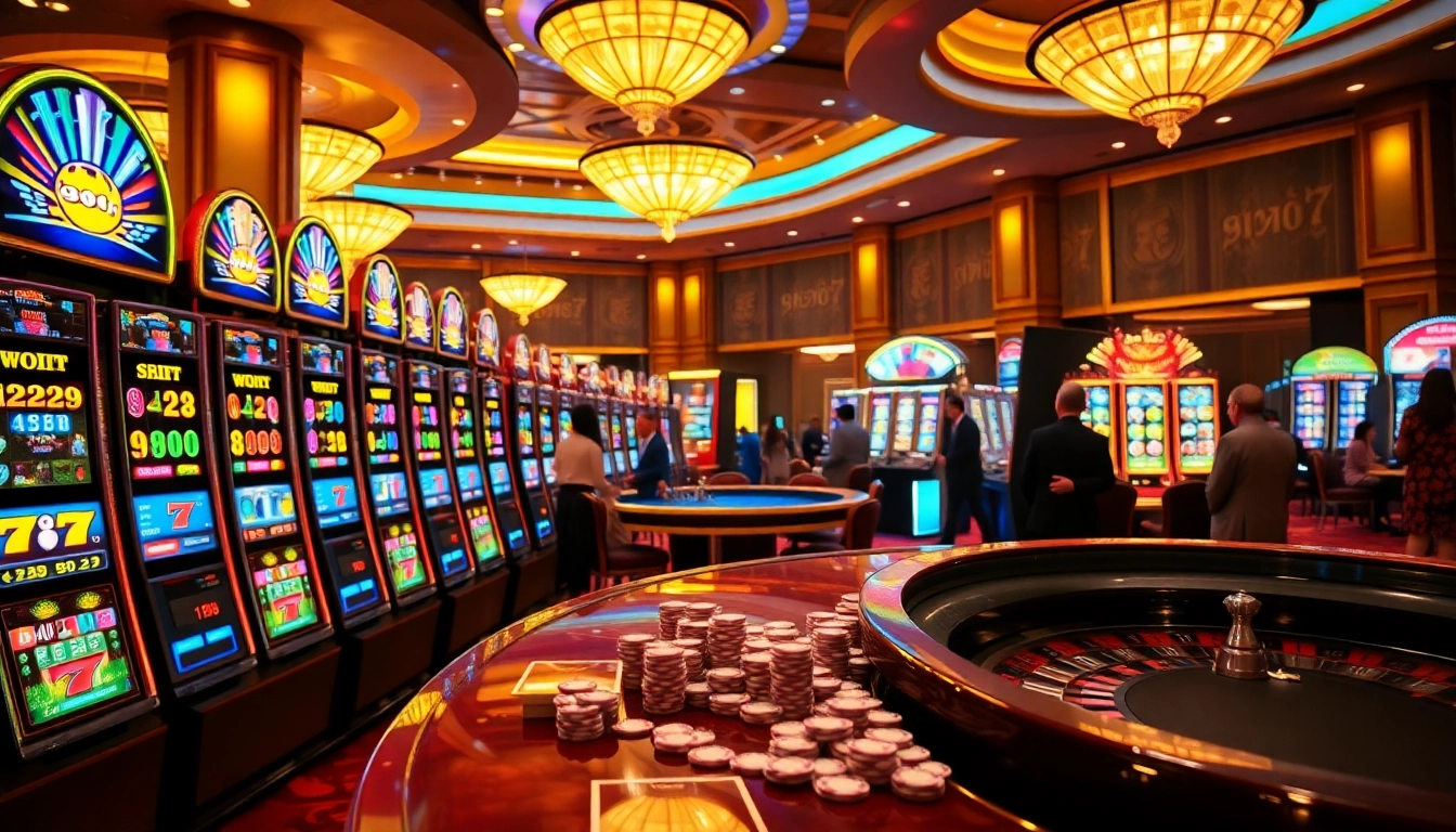 Players enjoying the excitement of slot depo 5rb at a luxurious casino with vibrant slot machines and exciting gameplay.