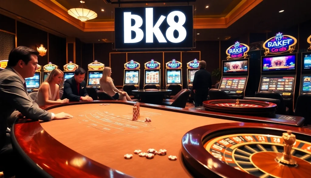 Experience the thrill at BK8's luxurious casino table with vibrant slot machines and roulette excitement.