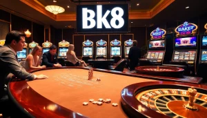 Experience the thrill at BK8's luxurious casino table with vibrant slot machines and roulette excitement.