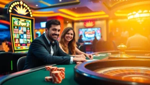 7upbet slot machine shining amidst joyous players at a casino poker table