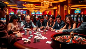 Engaging scene at nhà cái vua99, players excitedly gambling at a casino table with poker cards.