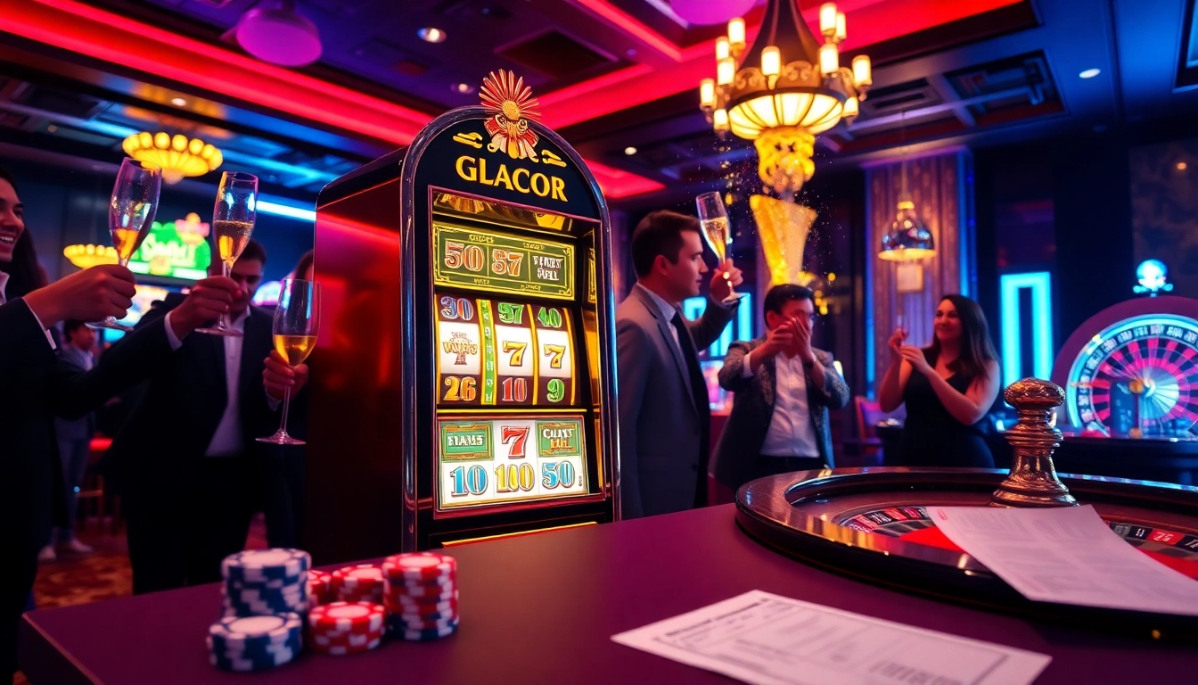 Excited players celebrating a win on a slot gacor machine in a vibrant casino setting.