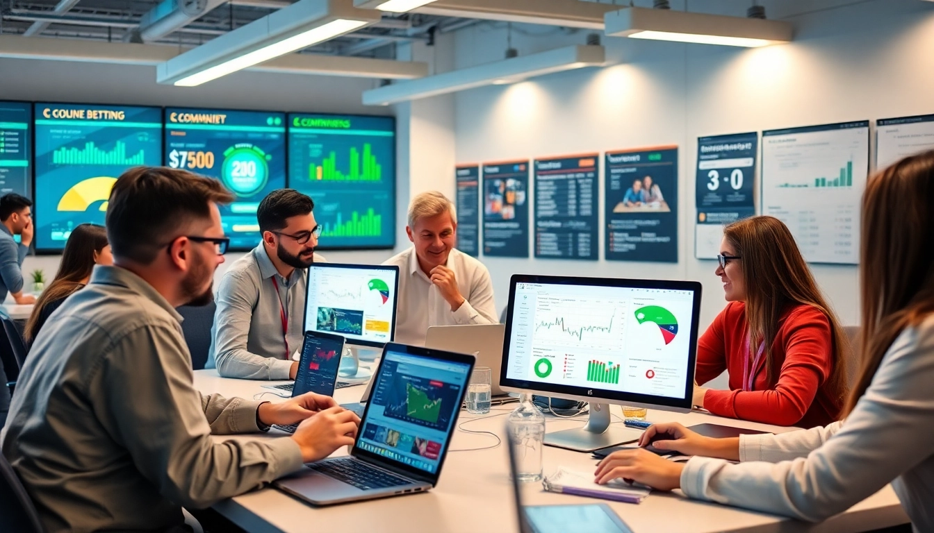 Community members discussing safe betting practices on 슈어맨2 in a modern, inviting workspace.