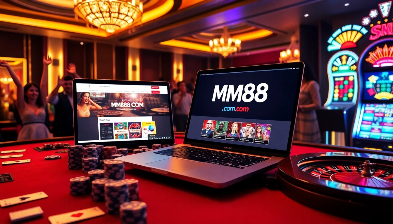Players enjoying thrilling games at mm88 com online casino with vibrant slot machines and cards.