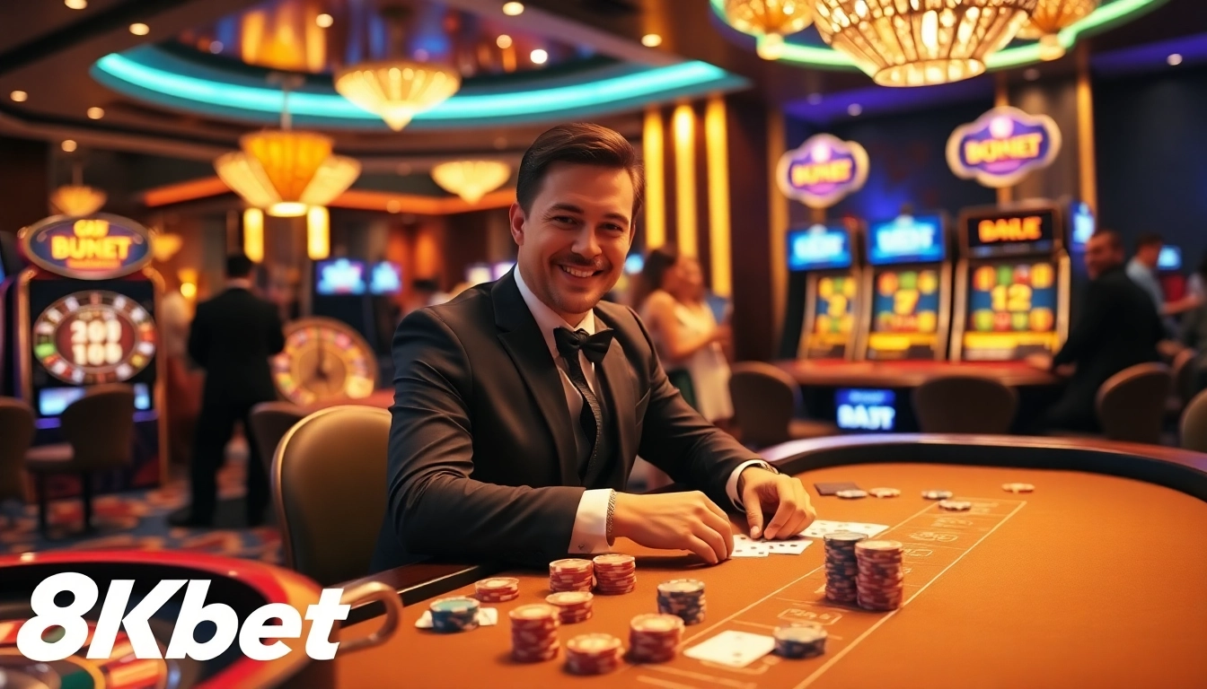 Players strategize at a high-stakes table in 8kbet's luxurious casino setting.