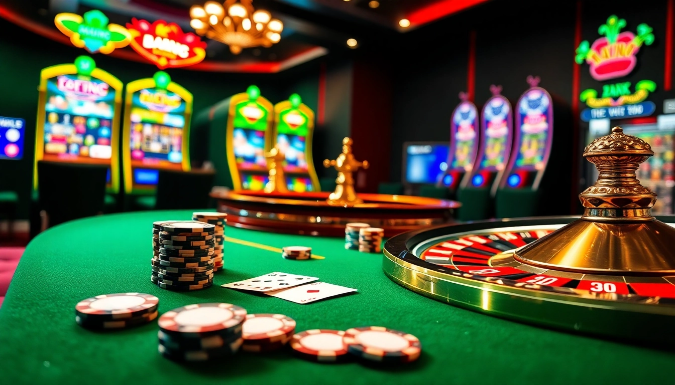 Scène de casino vibrante mettant en avant le casino en ligne Français avec des jetons de poker, une roulette et des machines à sous.