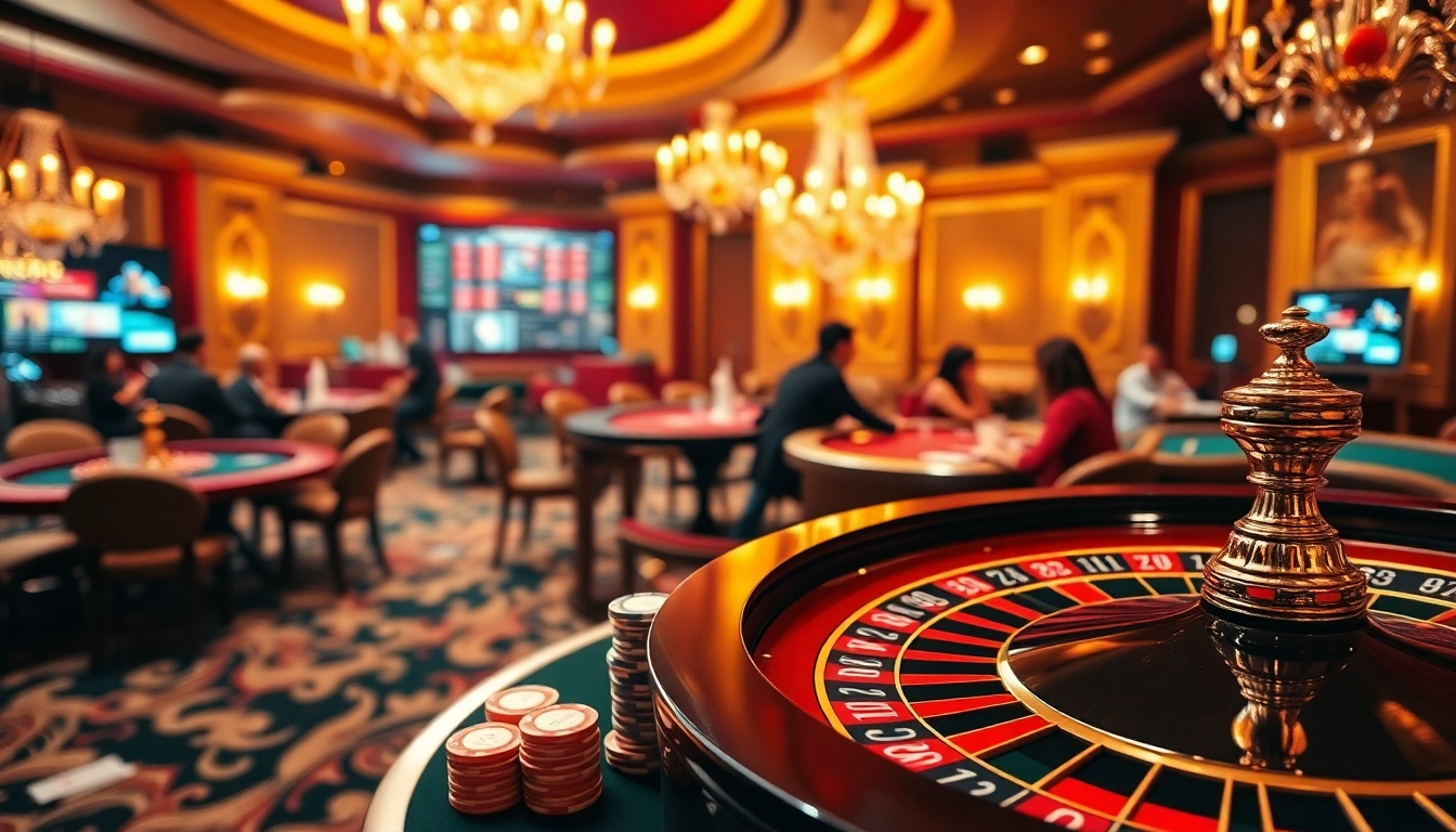 Une scène excitante de joueurs à une table de casino en ligne Français, mettant en valeur des jetons de poker et des cartes vibrants.