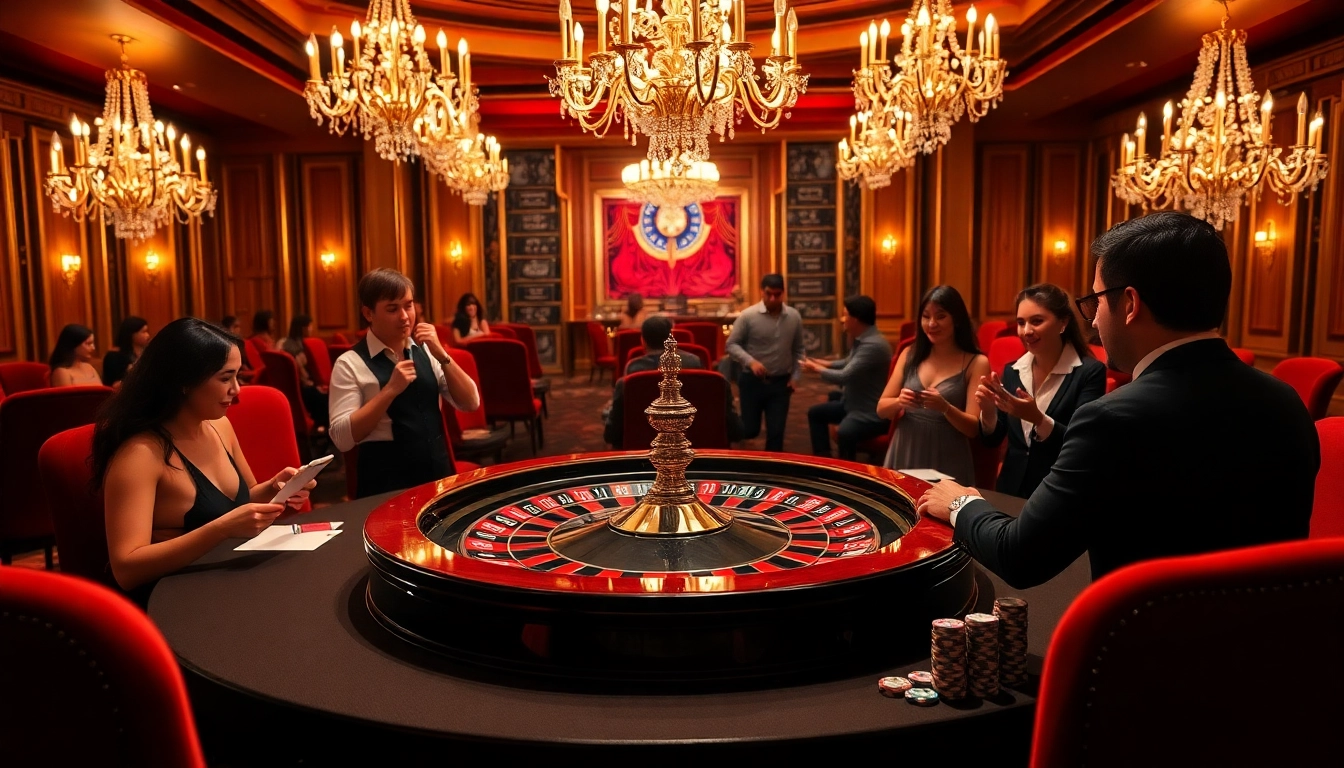 Vivez l'excitation du casino en ligne Français avec une scène de roulette luxueuse et des joueurs enthousiastes.