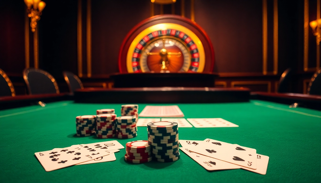 Vivez l'excitation du casino en ligne France avec une table luxueuse et des jetons de poker vibrants.