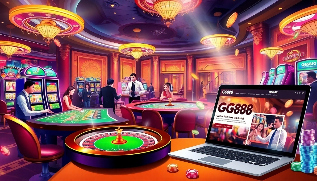 Players engaging in thrilling games at the GG88 online casino, featuring vibrant slots and professional dealers.