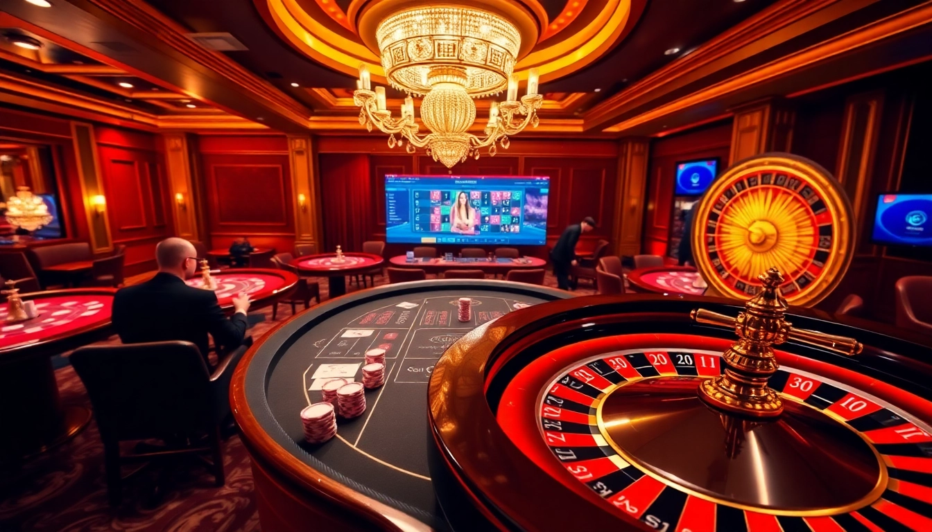 Une scène captivante d'un casino en ligne Français avec des tables luxueuses et des éléments de jeu vibrants.