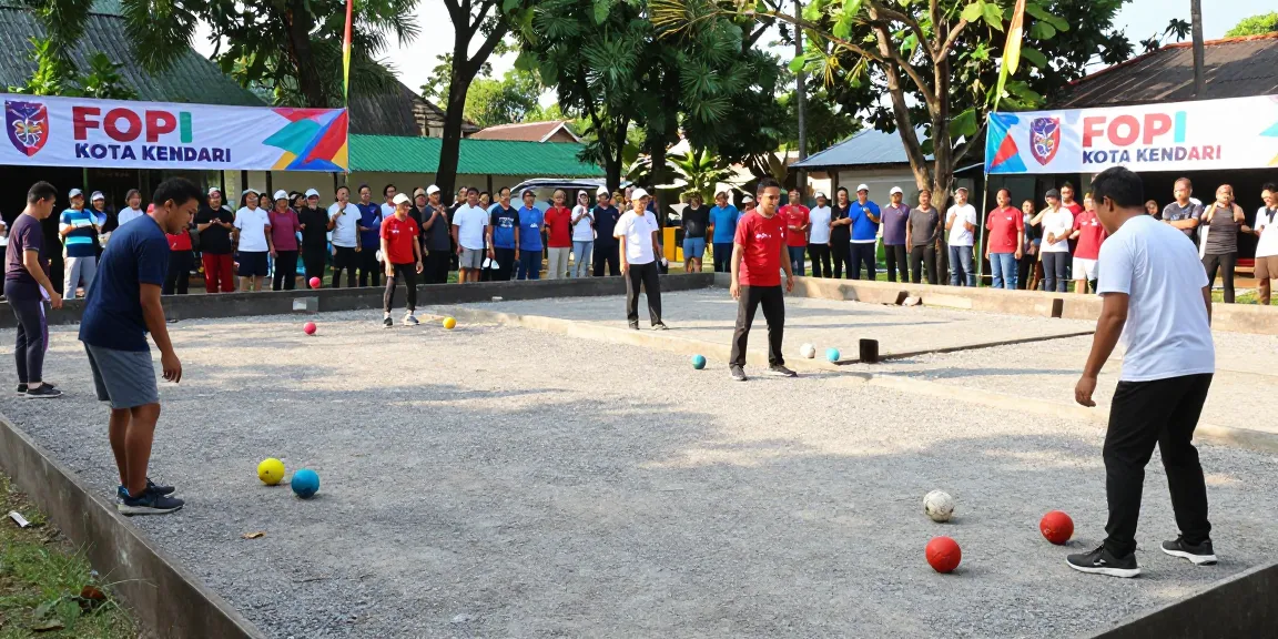 Aktivitas komunitas petanque di fopikotakendari.org dengan pemain senang di lapangan terbuka.