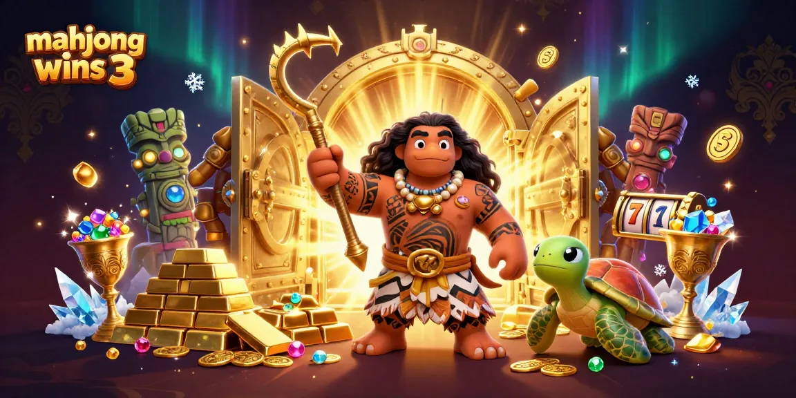 Score big with mahjong wins 3 in this vibrant slot scene depicting treasure galore.
