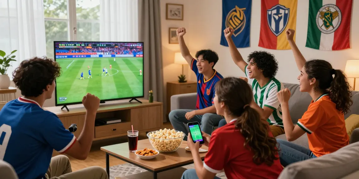 Live koora match celebration with friends in cozy living room, vibrant football game on TV, enthusiastic atmosphere.