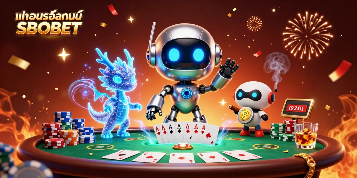 Win big with แทงบอลออนไลน์ SBOBET as the cyberpunk mascot and holographic AI dragon celebrate at a vibrant poker table.