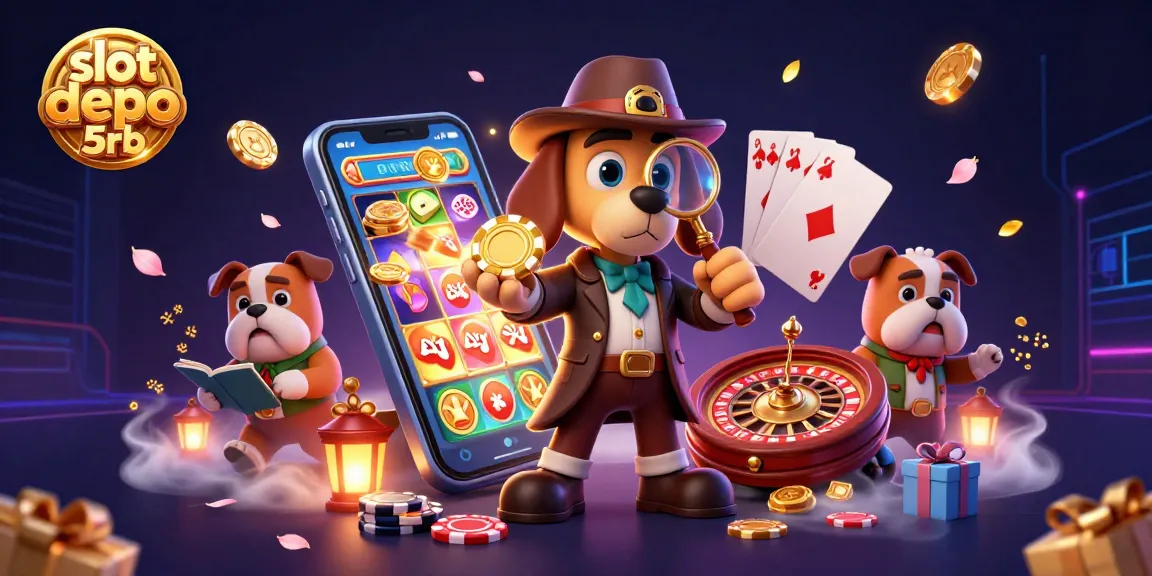 Win big at slot depo 5rb with a dynamic scene of cartoon characters exploring slot games and treasures.