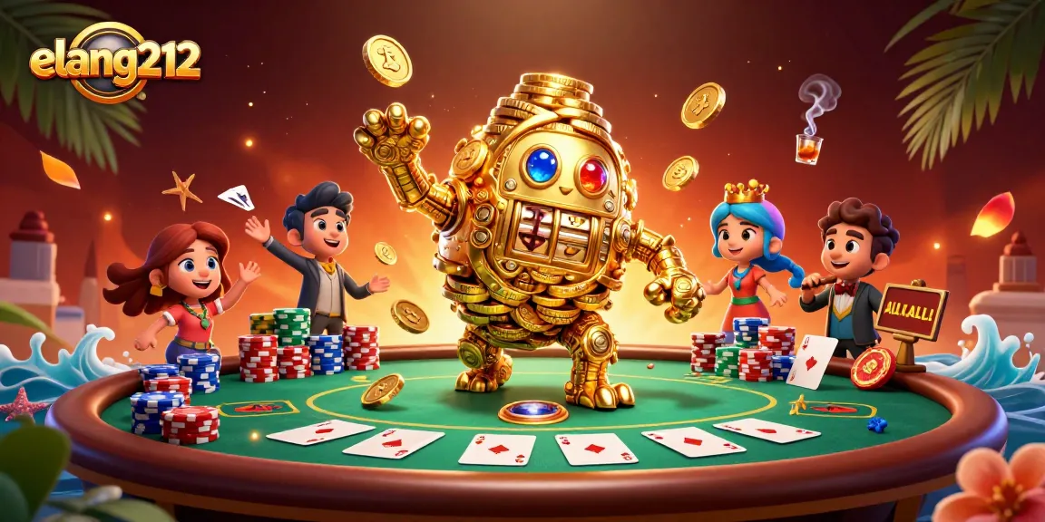 Engage with elang212 at a vibrant poker scene featuring an ancient golden golem and impressive casino elements.