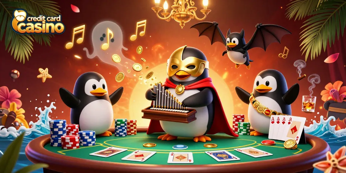 Experience the thrill of a credit card casino with penguins, poker chips, and golden coins.